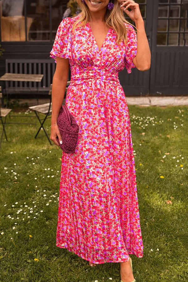 Alira | Sukienka maxi z kwiatowym nadrukiem, dekolt w serek, krótki rękaw