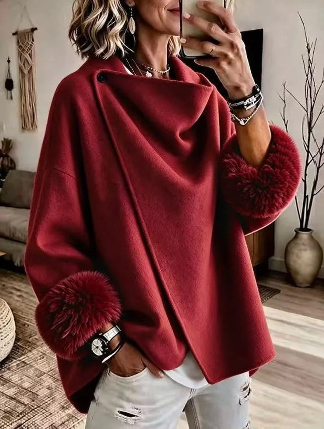 Mikila - Asymmetrical Wool Blend Jacket with Faux Fur Lapel