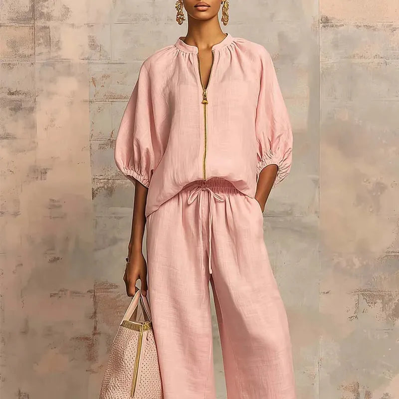 👚 👖 Women's Solid Color 2-Piece Tracksuit – Puff Sleeves, Wide Legs, Zipper Closure ✨