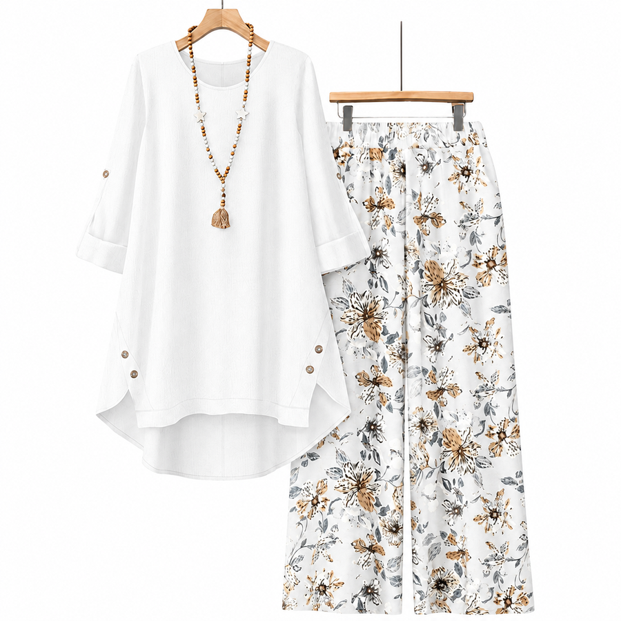 🌸✨ Printed Mid-Sleeve Top & Floral Wide-Leg Pants Set
