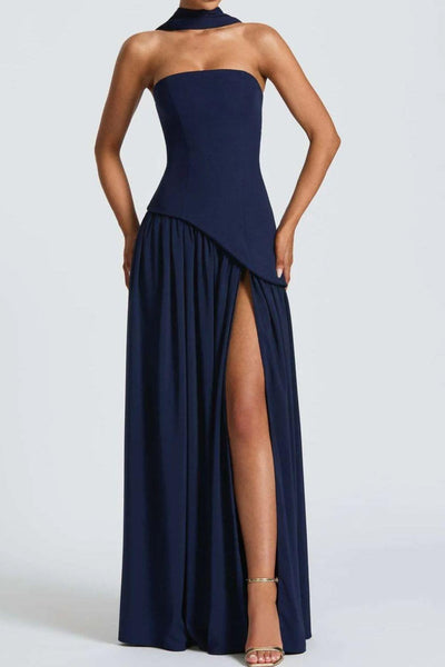 Zeni | Sukienka Maxi bez ramiączek z rozcięciem i wstążką