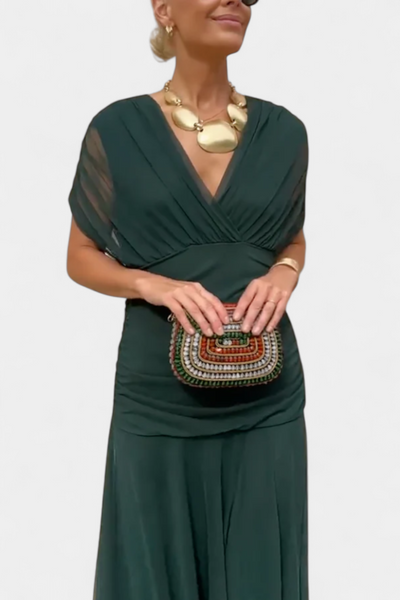 Alondra | Długa Sukienka Maxi z Dekoltem w Serek i Fantazyjnym, Kwiatowym Wzorem