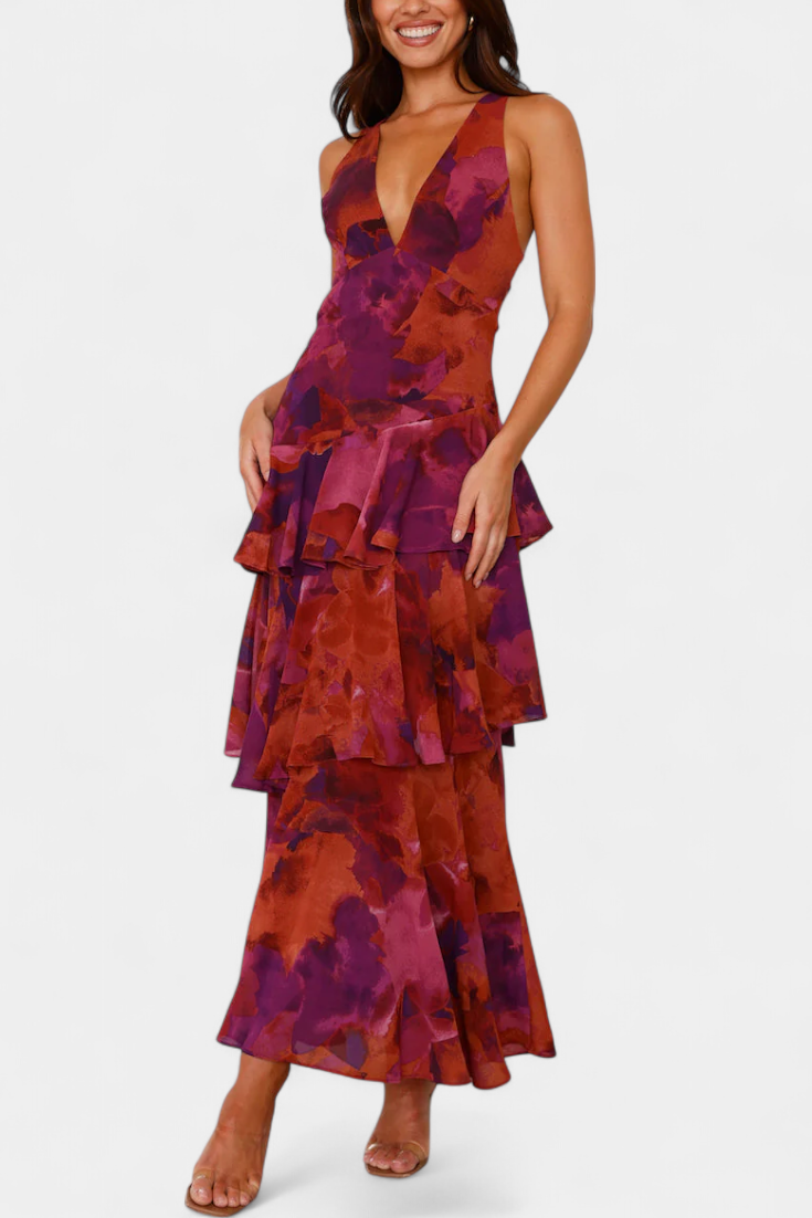 Domenica | Sukienka z Gazy z Dekoltem w Serek i Płynącymi Warstwami