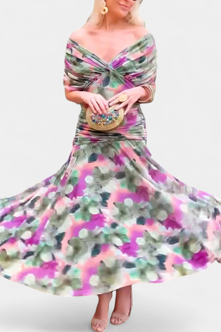 Alondra | Długa Sukienka Maxi z Dekoltem w Serek i Fantazyjnym, Kwiatowym Wzorem