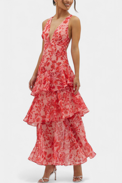 Domenica | Sukienka z Gazy z Dekoltem w Serek i Płynącymi Warstwami