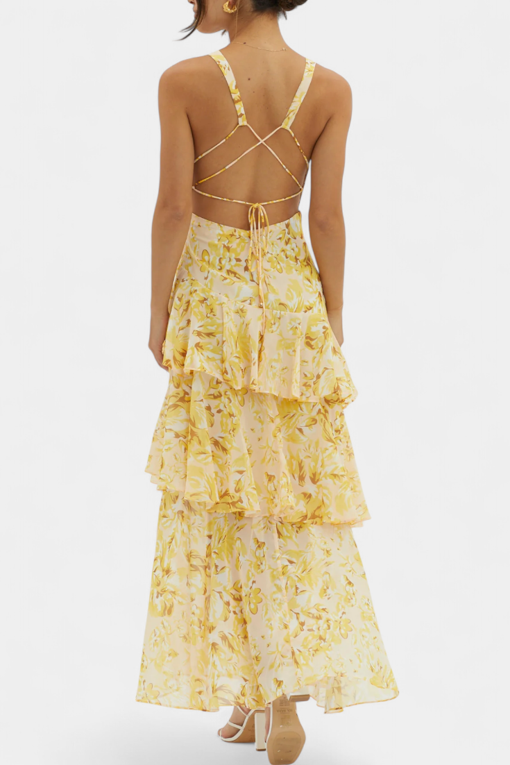 Domenica | Sukienka z Gazy z Dekoltem w Serek i Płynącymi Warstwami