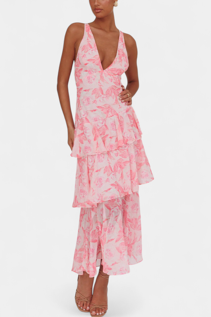 Domenica | Sukienka z Gazy z Dekoltem w Serek i Płynącymi Warstwami