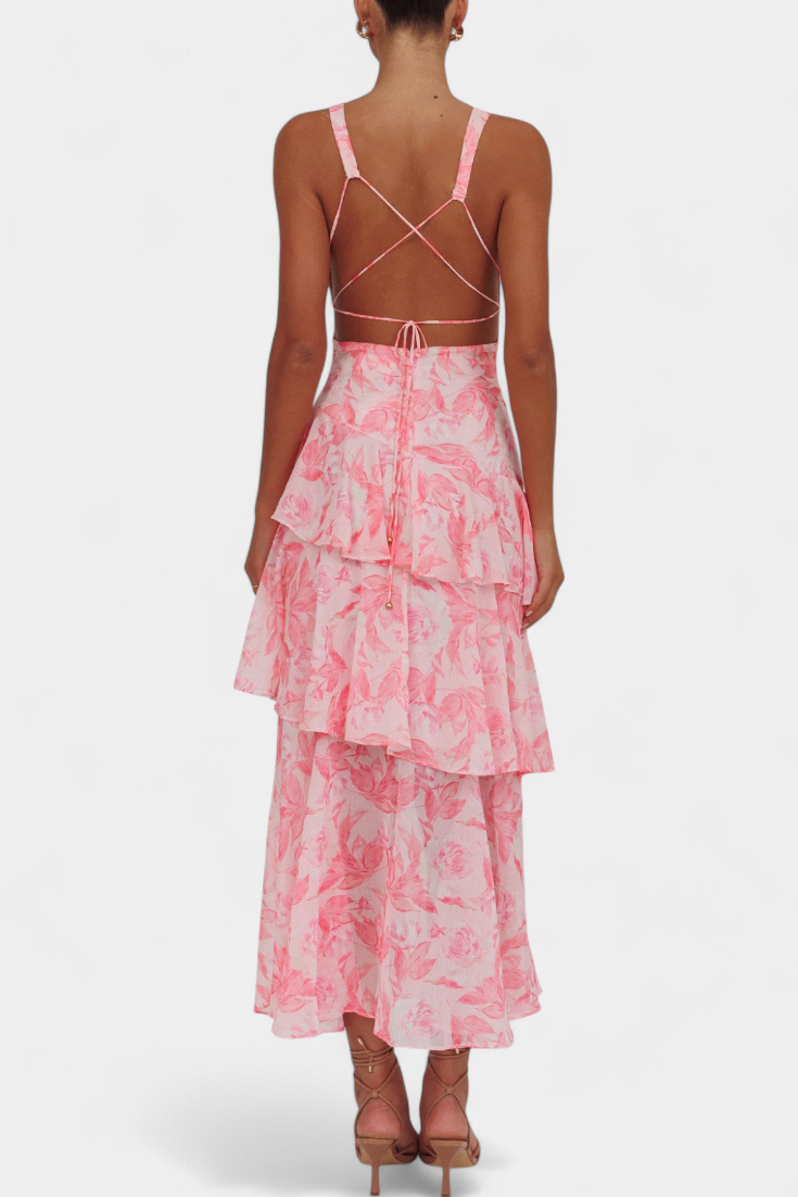 Domenica | Sukienka z Gazy z Dekoltem w Serek i Płynącymi Warstwami