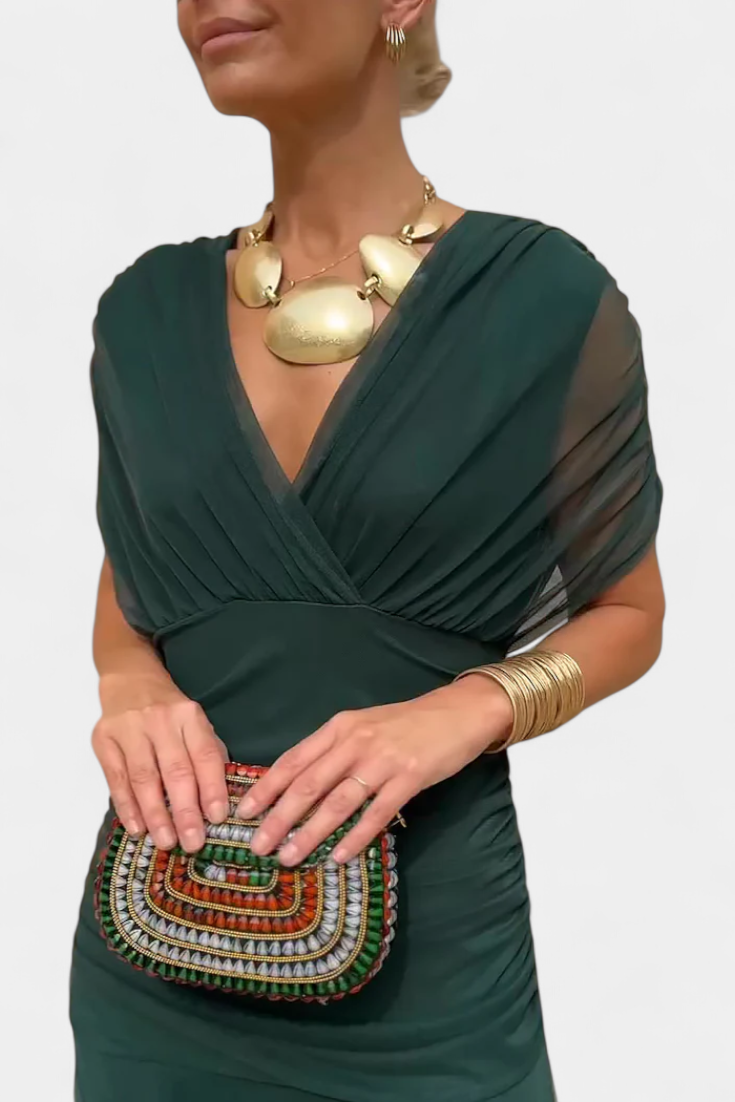 Alondra | Długa Sukienka Maxi z Dekoltem w Serek i Fantazyjnym, Kwiatowym Wzorem