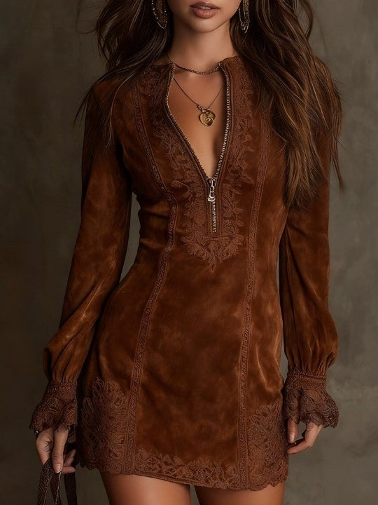 Addison | Suede Lace Trim Mini Dress