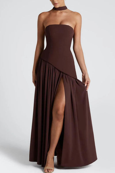 Zeni | Sukienka Maxi bez ramiączek z rozcięciem i wstążką