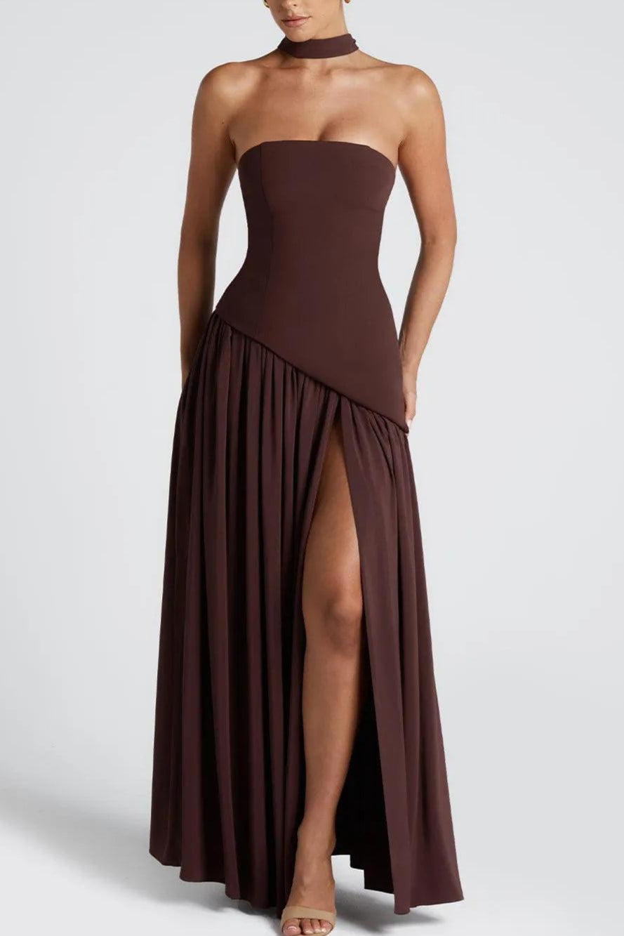 Zeni | Sukienka Maxi bez ramiączek z rozcięciem i wstążką