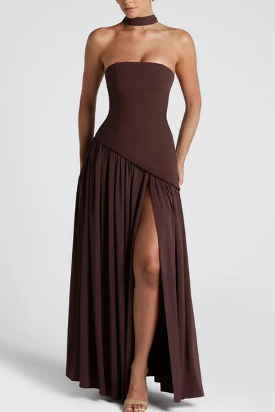 Zeni | Sukienka Maxi bez ramiączek z rozcięciem i wstążką