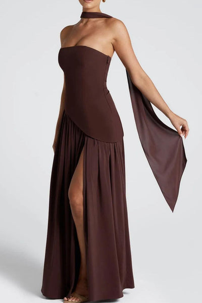 Zeni | Sukienka Maxi bez ramiączek z rozcięciem i wstążką