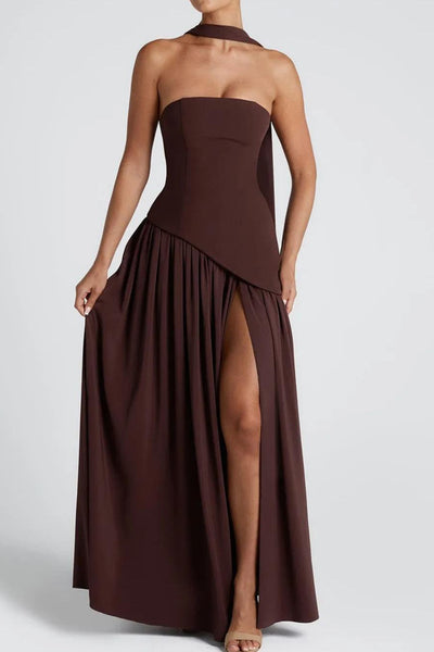 Zeni | Sukienka Maxi bez ramiączek z rozcięciem i wstążką