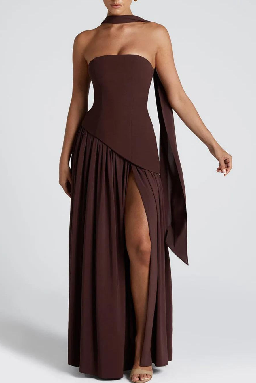 Zeni | Sukienka Maxi bez ramiączek z rozcięciem i wstążką