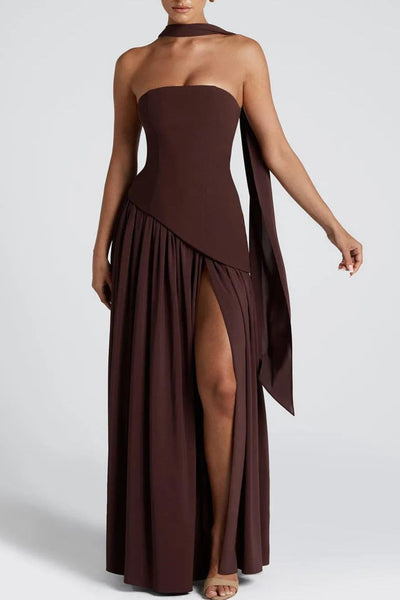 Zeni | Sukienka Maxi bez ramiączek z rozcięciem i wstążką