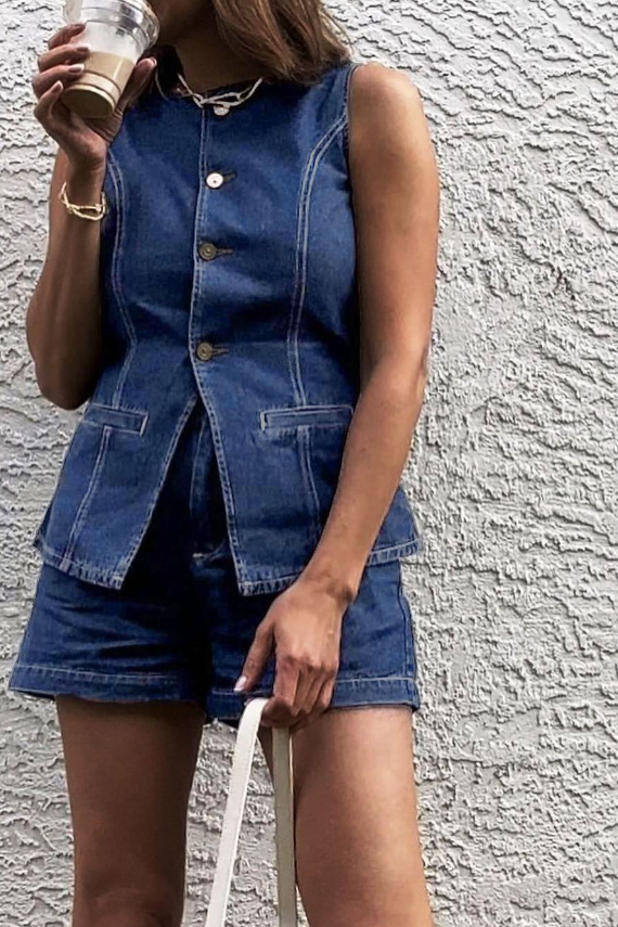 Noa | Denim Peplum Kamizelka z Szortami