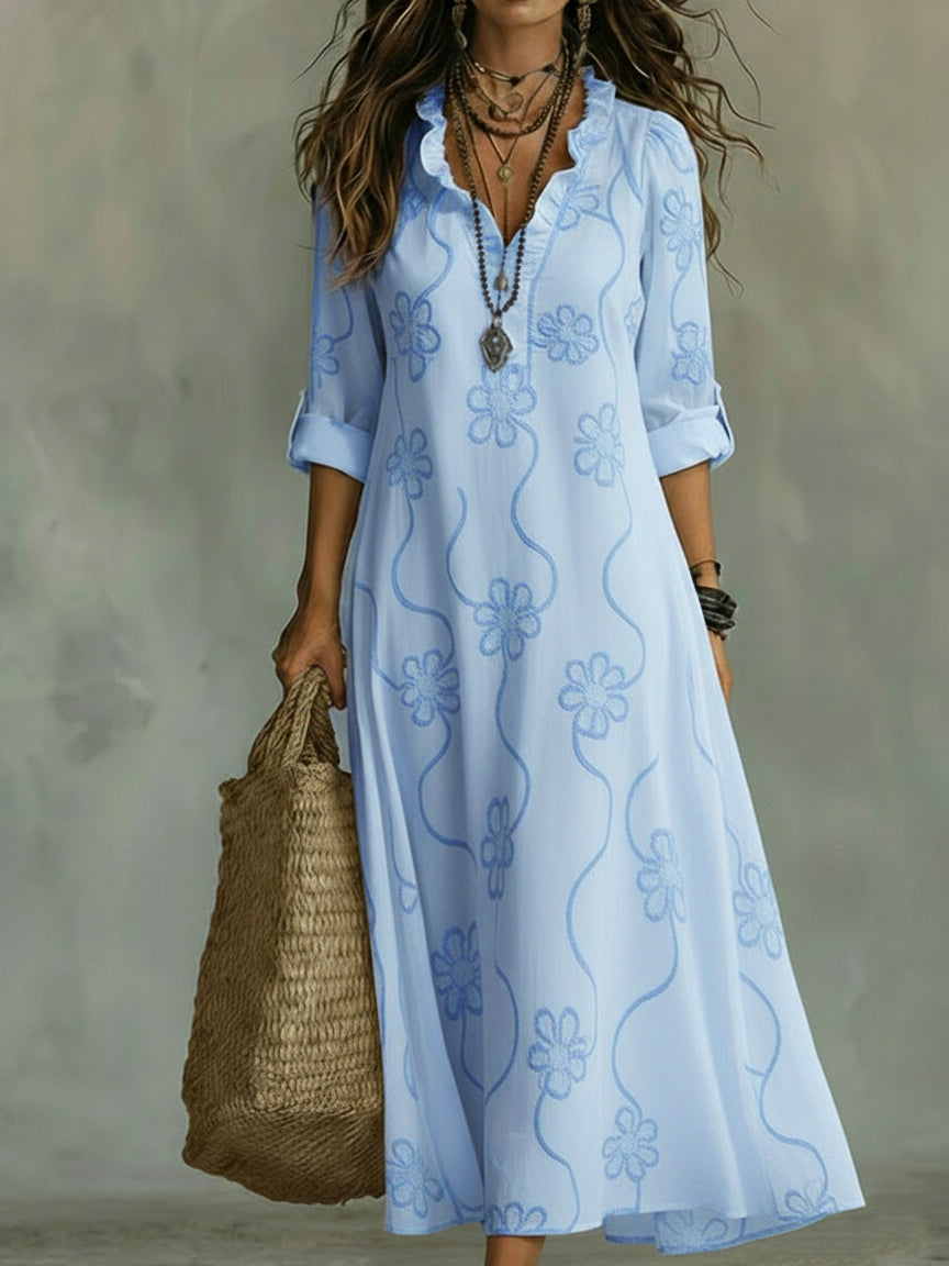 Lilou | Retro Floral A-Line Dress with Ruffled Collar