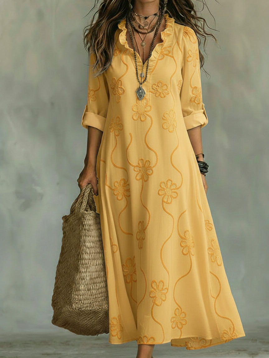 Lilou | Retro Floral A-Line Dress with Ruffled Collar