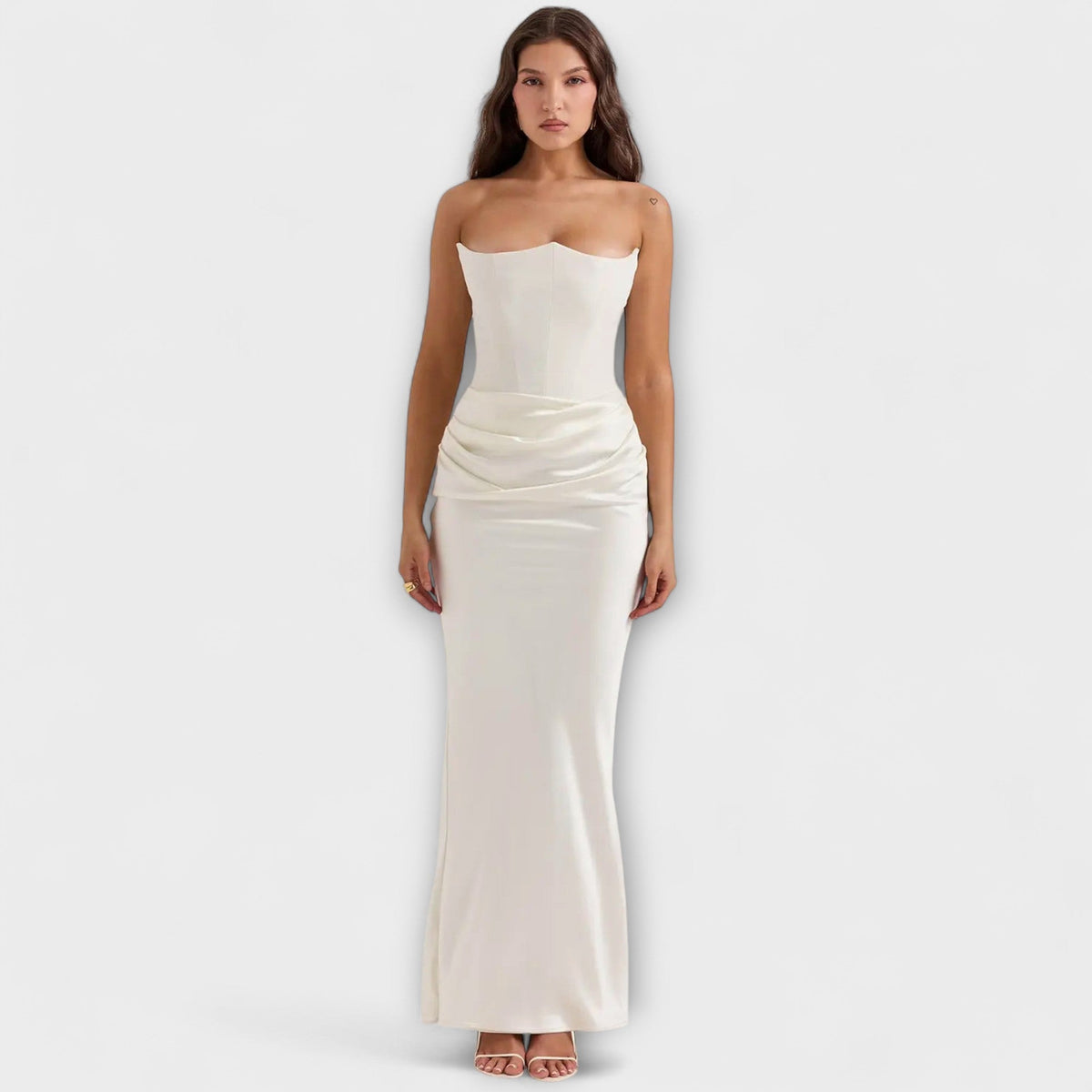 Off-the-Shoulder Satin Maxi Dress with Draping