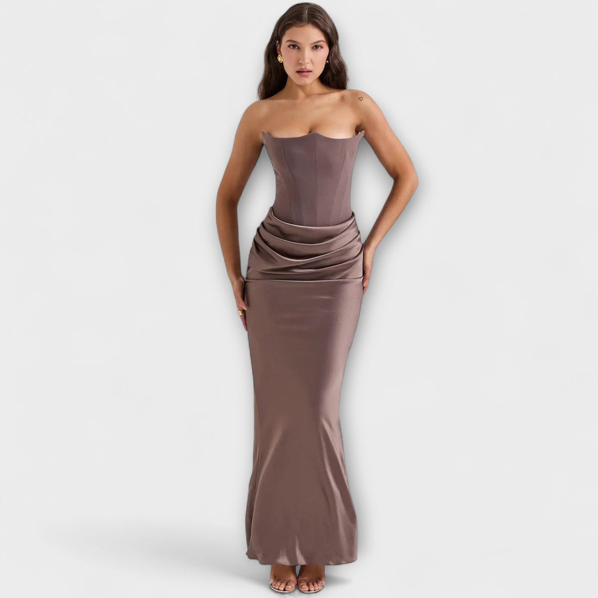 Off-the-Shoulder Satin Maxi Dress with Draping