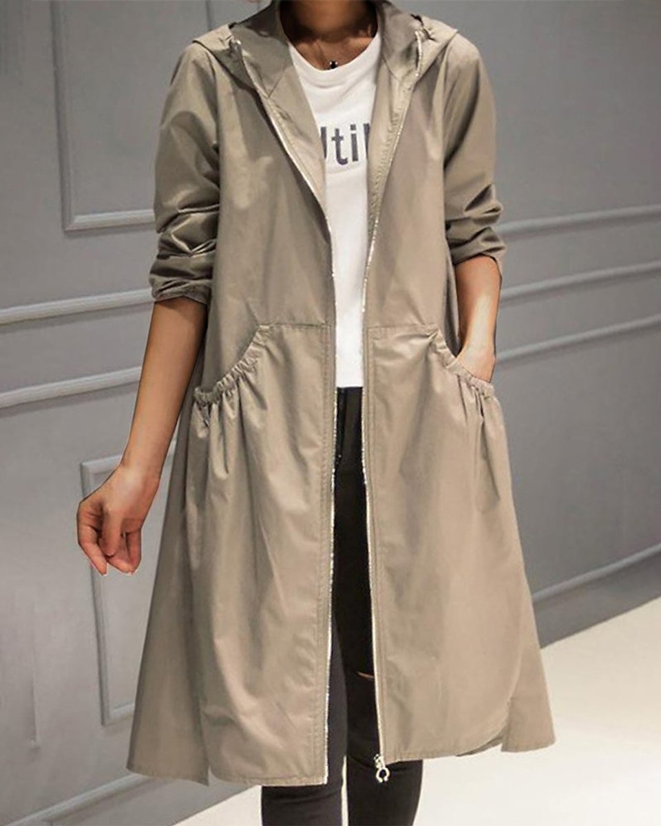 Kathleen | Long Hooded Zip-Up Trench Coat