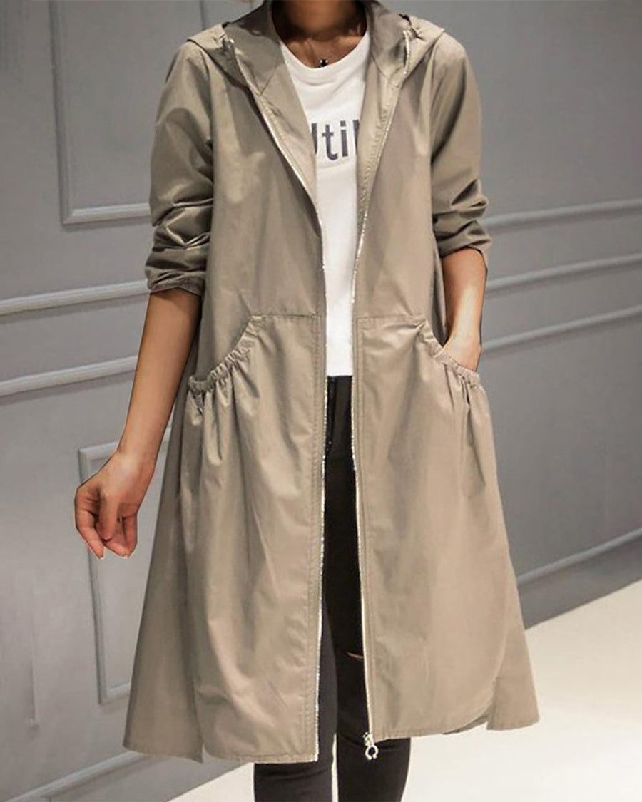 Kathleen | Long Hooded Zip-Up Trench Coat