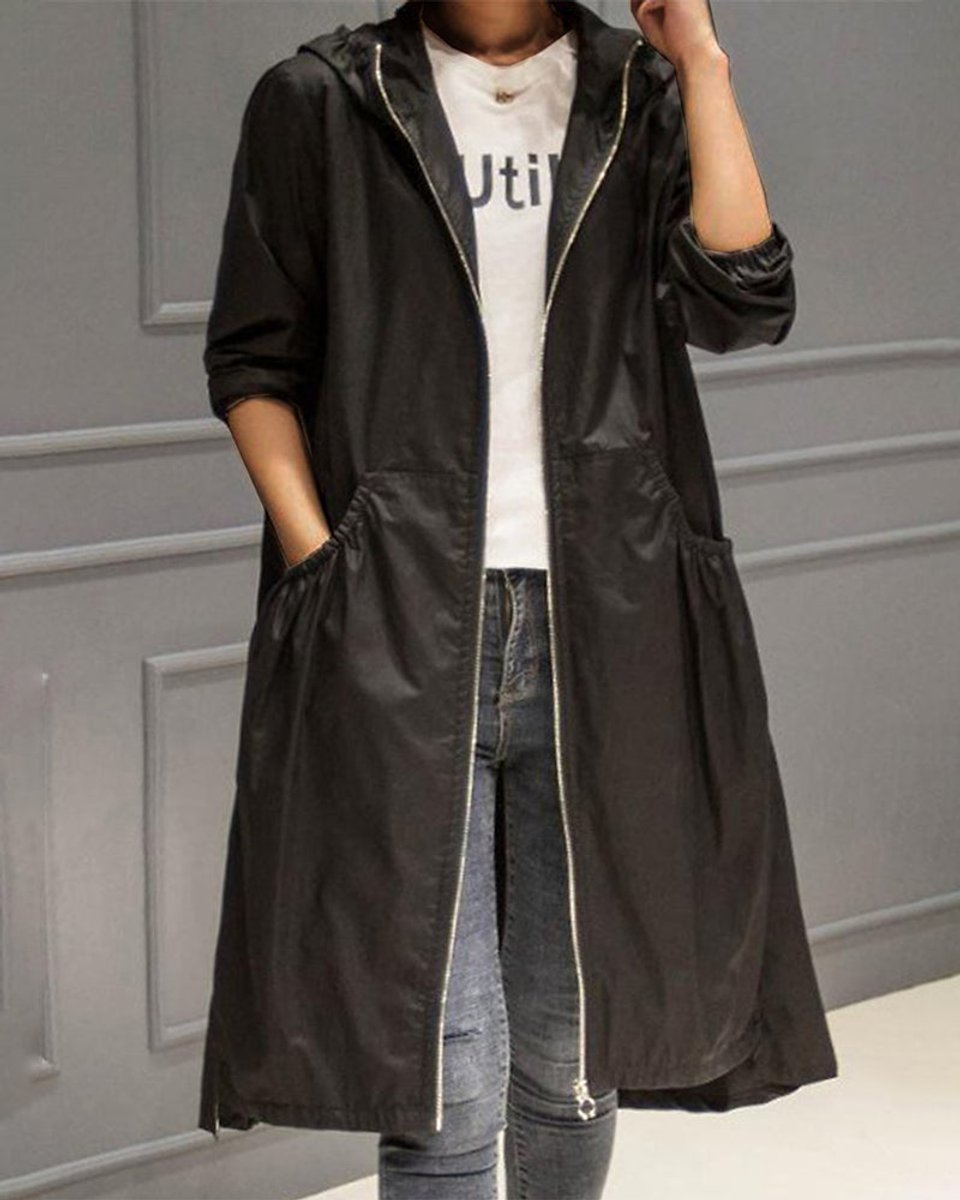 Kathleen | Long Hooded Zip-Up Trench Coat