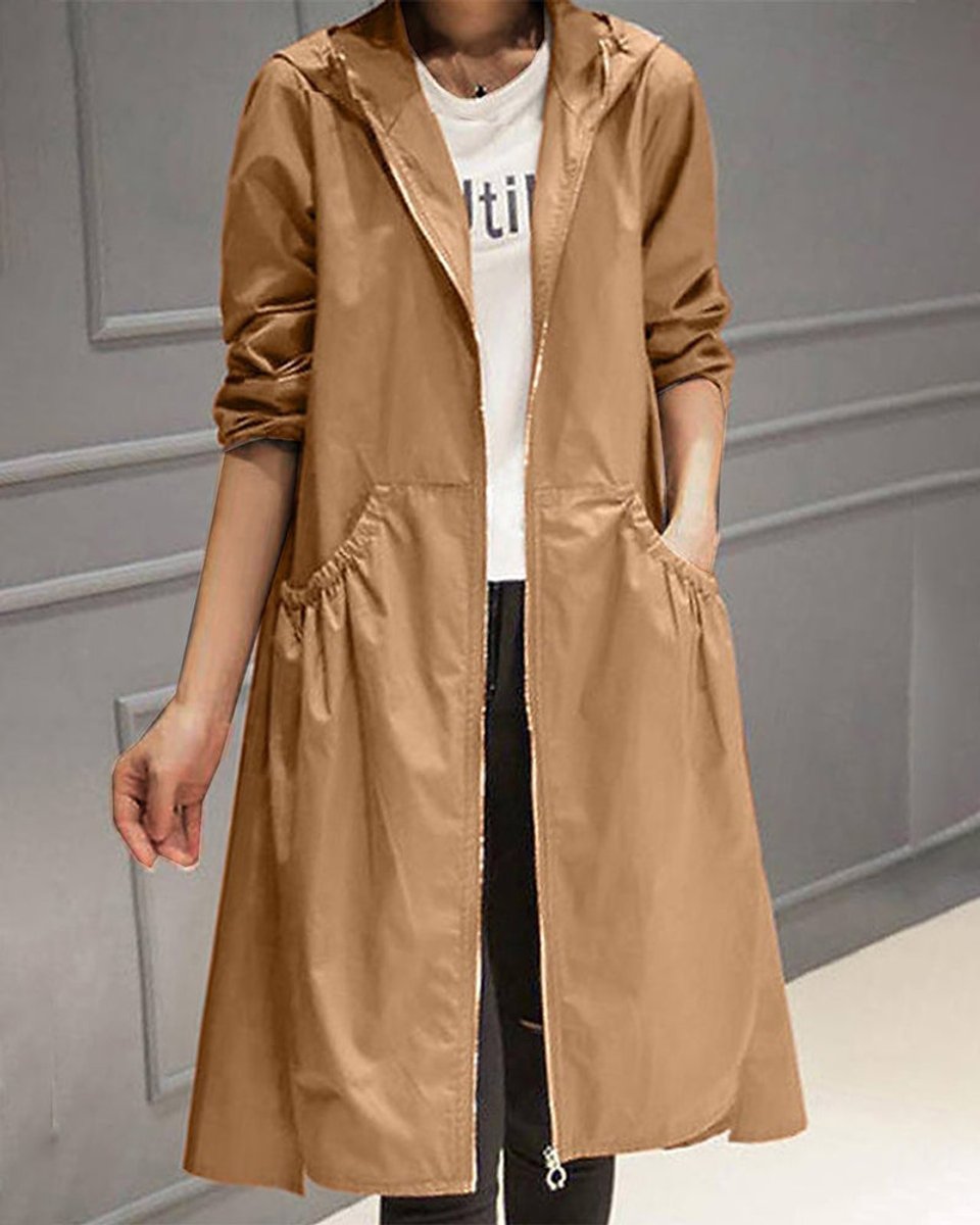 Kathleen | Long Hooded Zip-Up Trench Coat